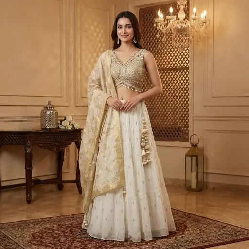 [75144044OT33C3] Ivory Embellished Crop Top Lehenga Set with Zari Dupatta