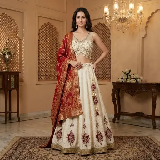 [75144057HZ57C3] Off-White Embroidered Lehenga Set with Red Bandhani Dupatta
