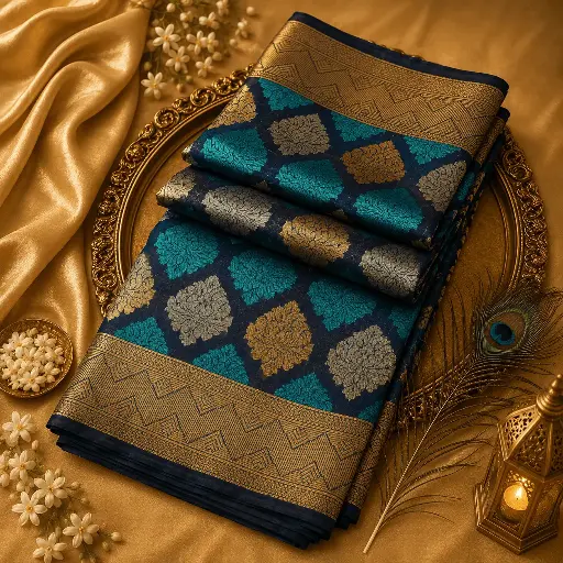 [53917001KW2897] Elegant Charcoal Grey Banarasi Silk Saree with Teal & Gold Floral Zari Motifs