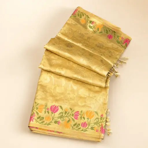 [53917001PM13A9] Golden Banarasi Style Saree with Colorful Floral Border and Tassel Pallu Festive Party Wear Women's