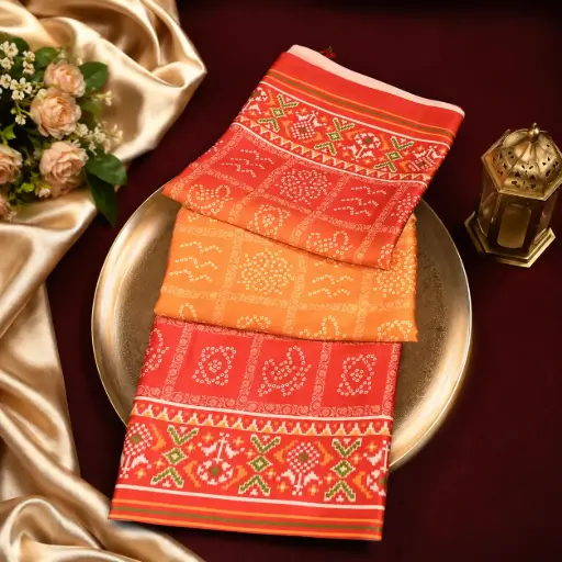 [53917001YW60A9] Orange & Peach Bandhani Printed Saree with Traditional Woven Border