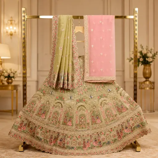 [93618001QN98E4] Women's Sage Green Bridal Lehenga Choli with Royal Motif Embroidery and Dual Dupatta