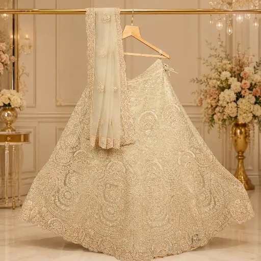 [93618001YD35E3] Champagne Bridal Lehenga Choli with Heavy Embroidery and Matching Dupatta