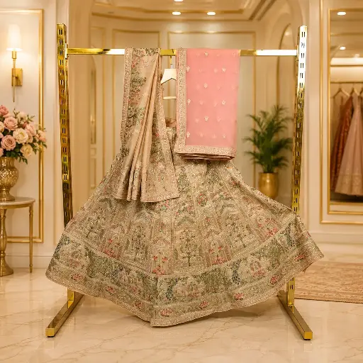 [93618031EF17E3] Women's Champagne Beige Bridal Lehenga Choli with Floral Embroidery and Dual Dupatta