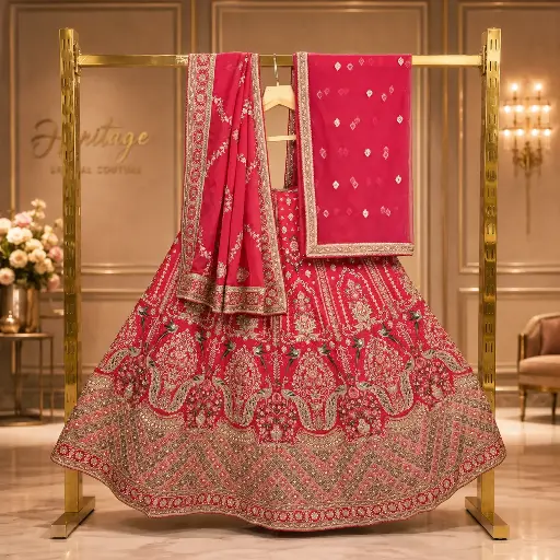 [93618046EA69E2] Women's Rani Pink Bridal Lehenga Choli with Embroidered Dupatta