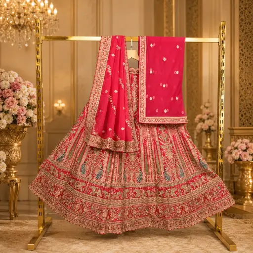 [93619050EF41E3] Rani Pink Bridal Lehenga Choli with Heavy Gold Embroidery and Matching Dupatta