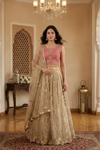 [54825001MS5872] Rani Pink and Champagne Gold Net Embroidered Lehenga Set