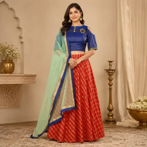 [37505002RG0643] Women's Red Checkered Lehenga Choli with Navy Blouse and Mint Net Dupatta for Festive Party Wear Set
