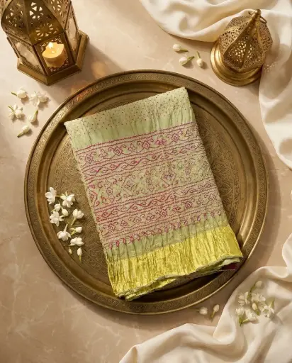 [07812001FS43E1] Pistachio Green Handcrafted Bandhani Silk Saree