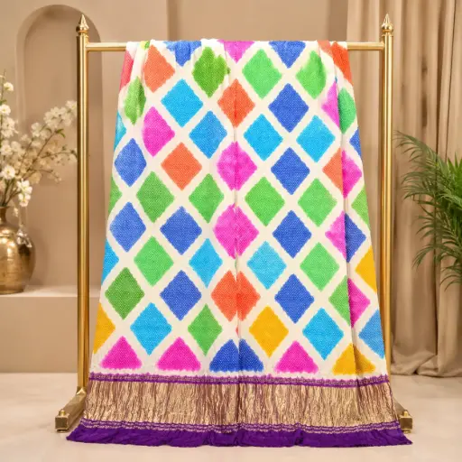 [07812001FS45E1] Women's Ivory Saree with Multicolor Diamond Bandhani Print and Purple Golden Border