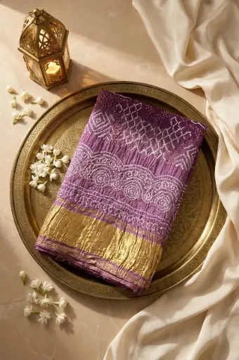 [07812001FS48E1] Dual-Tone Mauve and Purple Handcrafted Bandhani Silk Saree