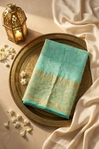 [07812001FS51E1] Sea Green Georgette Bandhani Saree with Gold Zari Border
