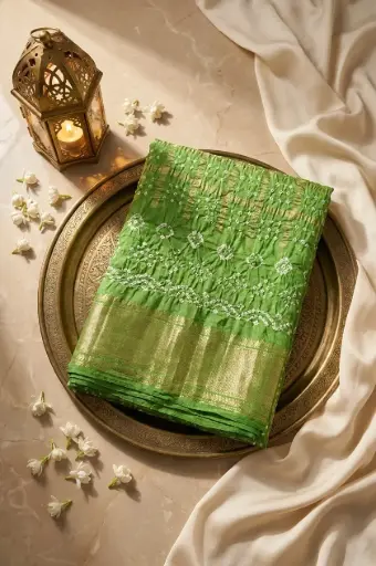 [07812001FS54E1] Parrot Green Bandhani Silk Saree with Zari Checks