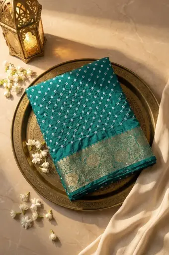 [07812001FS57E1] Teal Green Bandhani Georgette Saree With Zari Border
