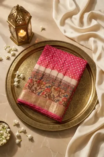 [07812001FS64E1] Rani Pink Silk Bandhani Saree with Kalamkari Pallu