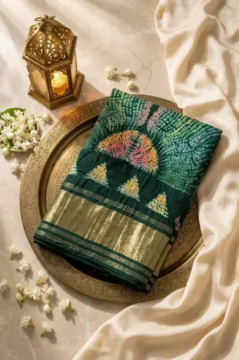 [07812001FS65E1] Bottle Green Multicolour Bandhani Georgette Designer Saree