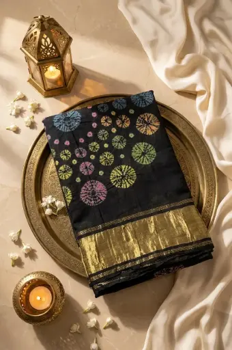 [07812001FS66E1] Black Multi-Color Bandhani Saree with Golden Zari Border