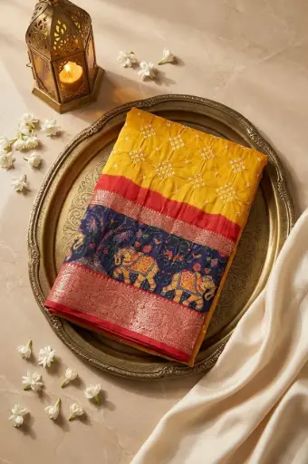 [07812001FS69E1] Mustard Yellow Silk Bandhani Saree with Banarasi Zari Border