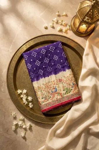 [07812001FS73E1] Royal Purple Bandhani Silk Saree with Meenakari Paithani Border