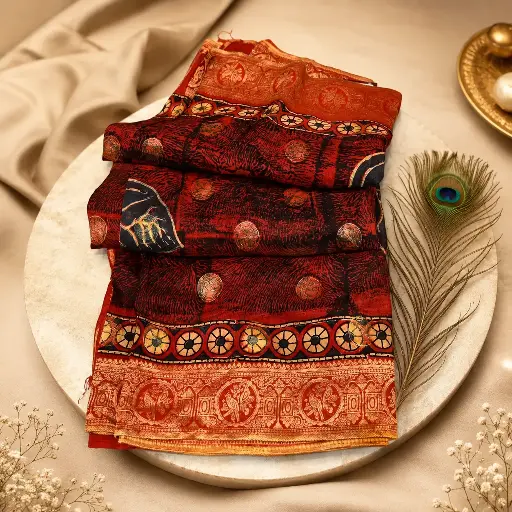 [07812001FS83E1] Women's Rust Red Printed Saree with Traditional Border
