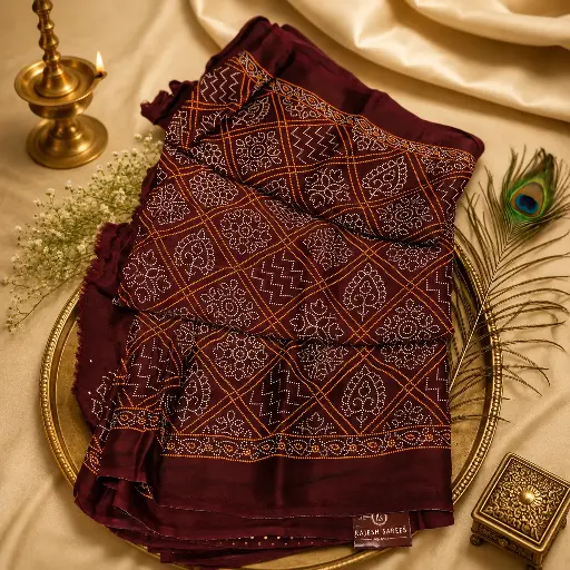 [07812001FS92E1] Maroon Bandhani Printed Cotton Silk Saree with Geometric Motifs