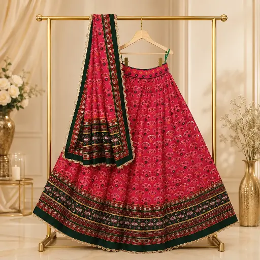 [76818001IZ32C2] Women's Rani Pink Lehenga Choli with Green Border and Matching Dupatta