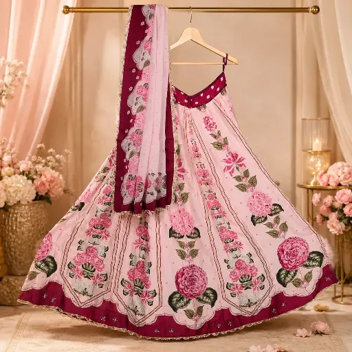 [76818030UP60C0] Women's Pink Floral Lehenga Choli with Maroon Border and Matching Dupatta
