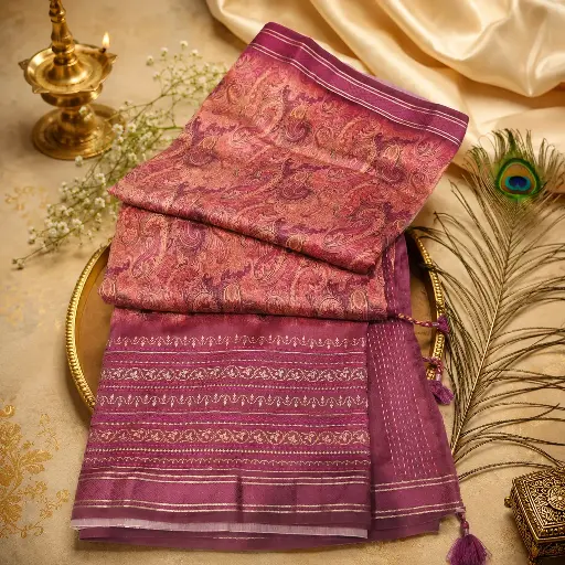 [74717001FP39E0] Plum Purple Paisley Printed Cotton Silk Saree with Designer Border & Tassel Pallu
