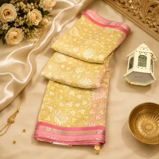 [74717001FP41E0] Beige Floral Printed Silk Blend Saree with Pink Zari Border