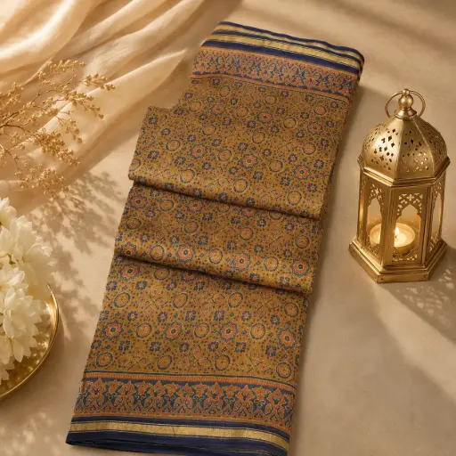 [74709001HH44B7] Mustard Printed Silk Blend Saree with Blue Border