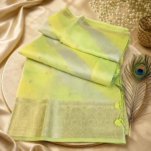 [74709001ID97B7] Elegant Lime Green Linen Silk Saree with Gold Zari Border & Tassels