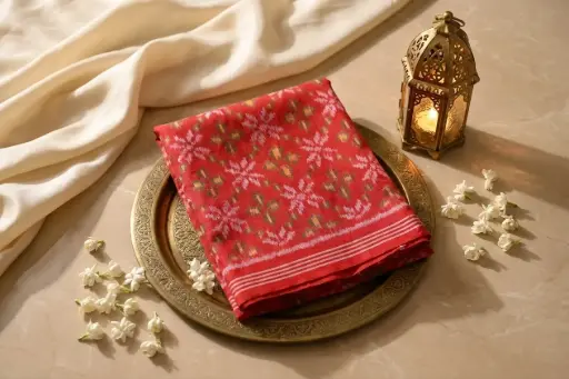 [76509001FO30E0] Crimson Red Pure Silk Patola Ikat Saree