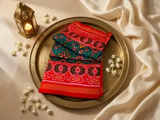 [76509001FP07E0] Teal and Crimson Red Pure Silk Patola Saree