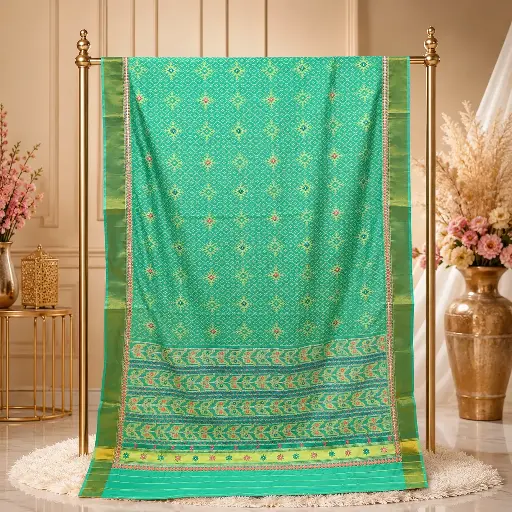 [76510001HK27C9] Turquoise Green Patola Saree with Pink Floral Accents and Geometric Border