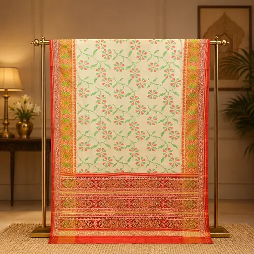 [76510001SO31C9] Cream Floral Printed Saree with Red Traditional Border
