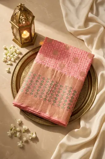[95112001EK73E5] Peach Pink Bandhani Georgette Saree with Zari Border
