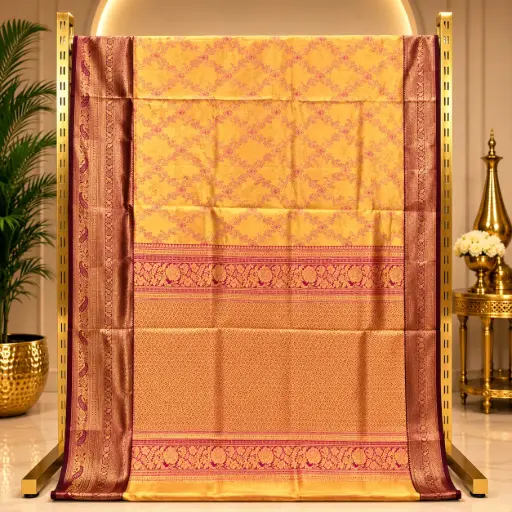 [54509001FQ49E0] Elegant Golden Yellow Saree with Wine Paisley Border and Floral Woven Pallu
