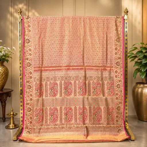 [54509008GS30D2] Elegant Peach Gold Saree with Floral Vine Border