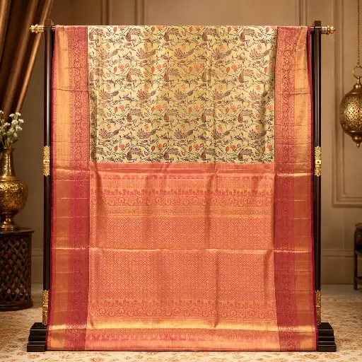 [54509008GS34D2] Elegant Cream Saree with Multicolour Peacock Floral Design and Maroon Gold Border