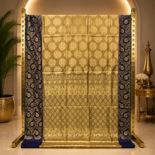 [54509008GS35D2] Elegant Golden Beige Saree with Navy Floral Border and Ornate Woven Pallu