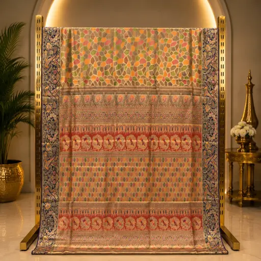 [54509008GS36D2] Elegant Beige Mosaic Saree with Navy Floral Border and Ornate Woven Pallu