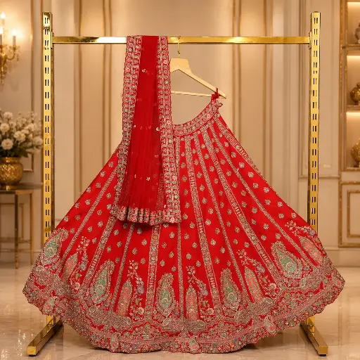 [91418001FL84E0] Women's Red Bridal Lehenga Choli with Paisley Embroidery, Sequins and Matching Dupatta