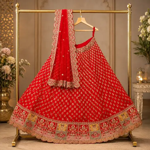 [91418001FL95E0] Women's Red Bridal Lehenga Choli with Gold Embroidery and Matching Net Dupatta