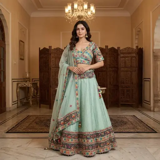 [91418001FO70E0] Mint Green Embroidered Silk Chanya Choli Lehenga Set
