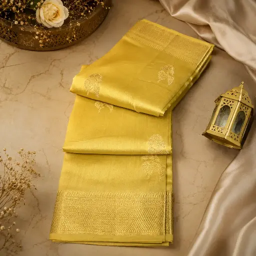 [93009001FY14E2] Premium Gold Tissue Silk Saree with Silver Floral Buttis & Rich Zari Border
