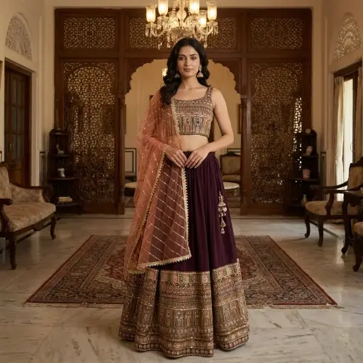 [31642034VU73A3] Wine Georgette Embroidered Lehenga Set with Peach Net Dupatta