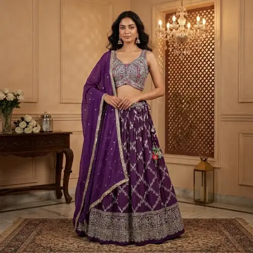 [31644041PV45A8] Royal Purple Embroidered Silk Lehenga Choli Set with Dupatta