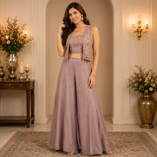[95725069OT55E7] Women's Mauve Embroidered Crop Top with Floral Jacket & Flared Palazzo Set