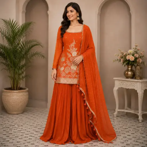 [95746055EO98E7] Women's Orange Embroidered Kurta Sharara Set with Chiffon Dupatta