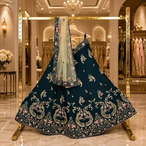 [70718025JP52A4] Women's Dark Teal Lehenga Choli with Floral Bird Embroidery and Net Dupatta